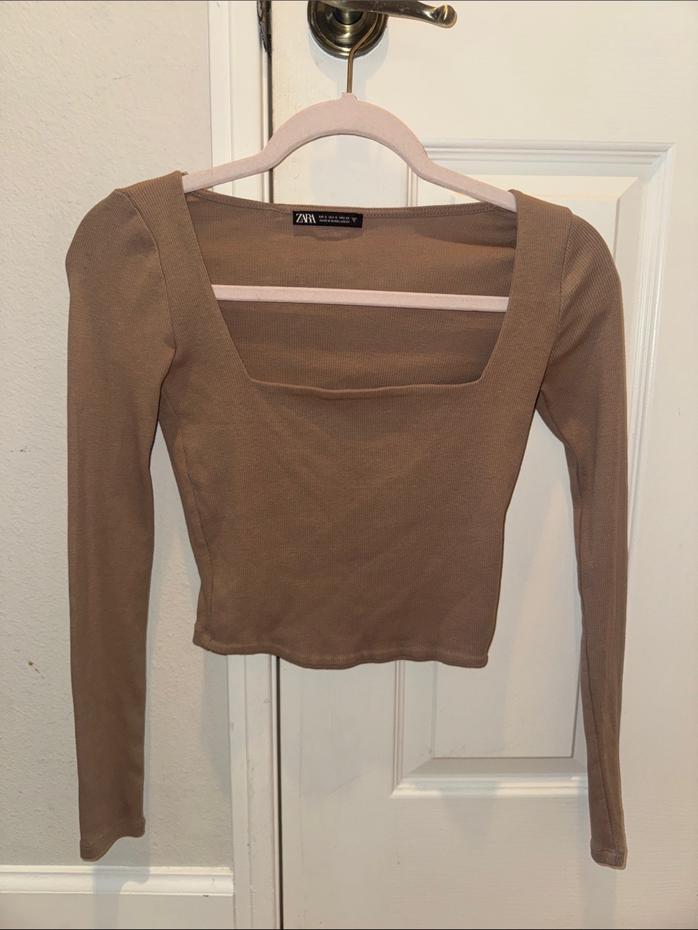 ZARA Taupe Square-Neck Long Sleeve Crop Top